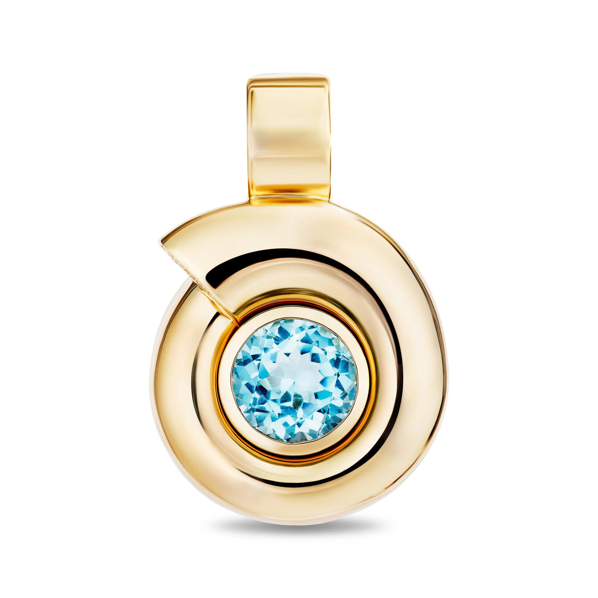 A gold pendant featuring a circular, open spiral design with a round light blue gemstone in the center, set against a plain white background.