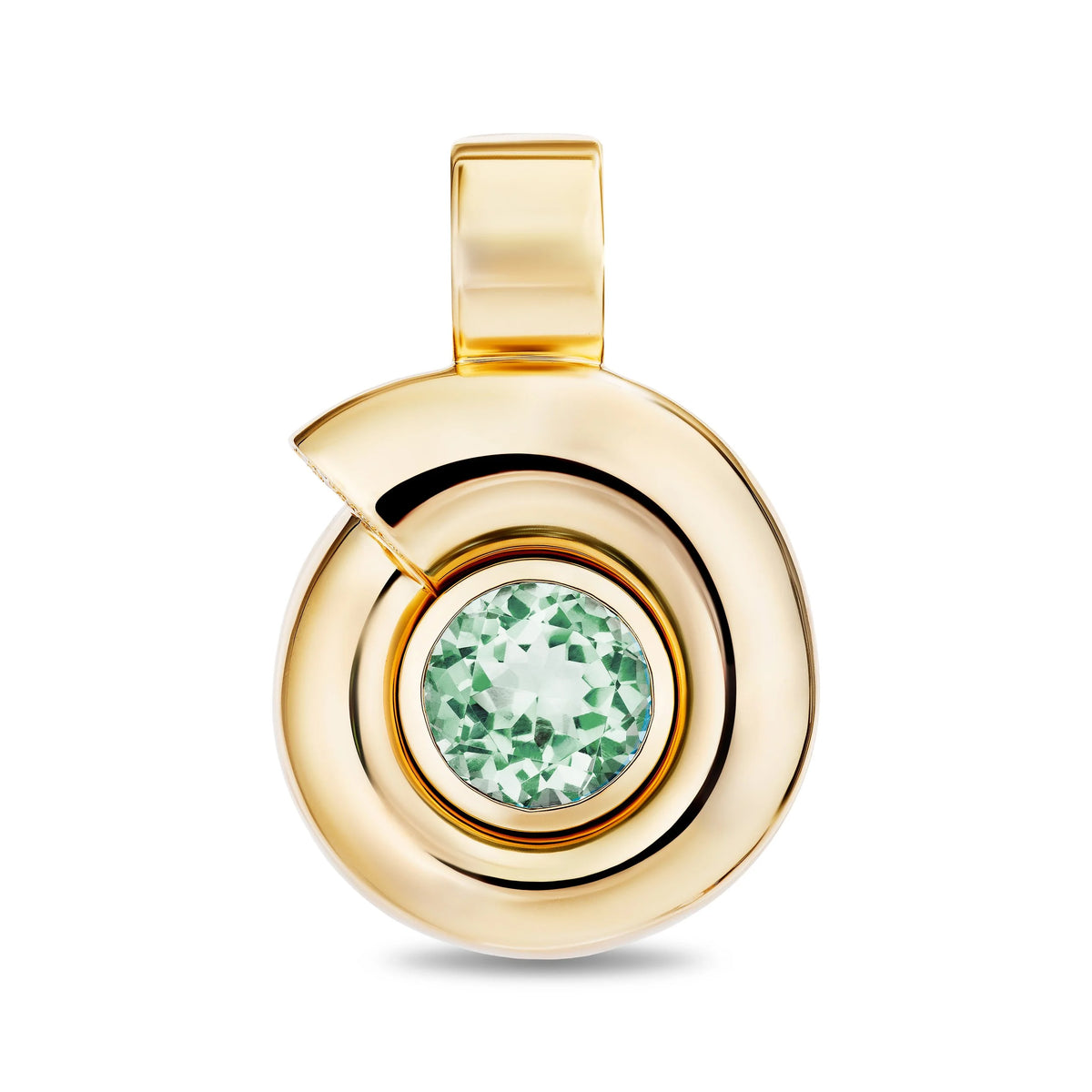 A gold spiral pendant featuring a central round bezel-set light green gemstone, shown on a clean white background.