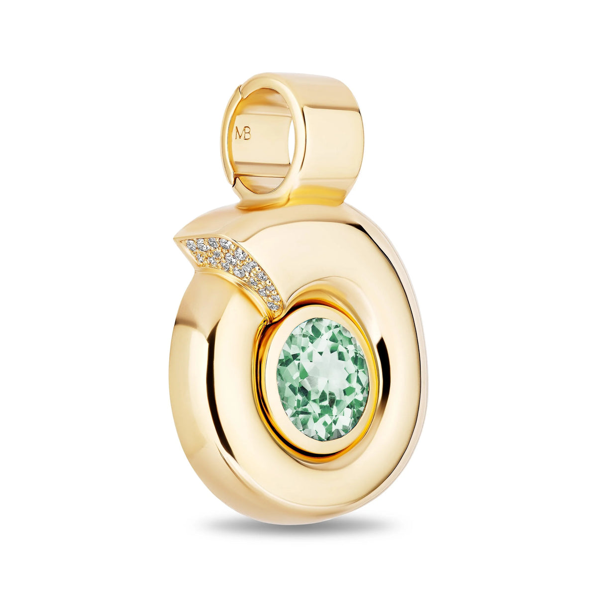A gold pendant with a circular design, featuring a central round green gemstone and a curved pavé diamond accent, shown on a white background.
