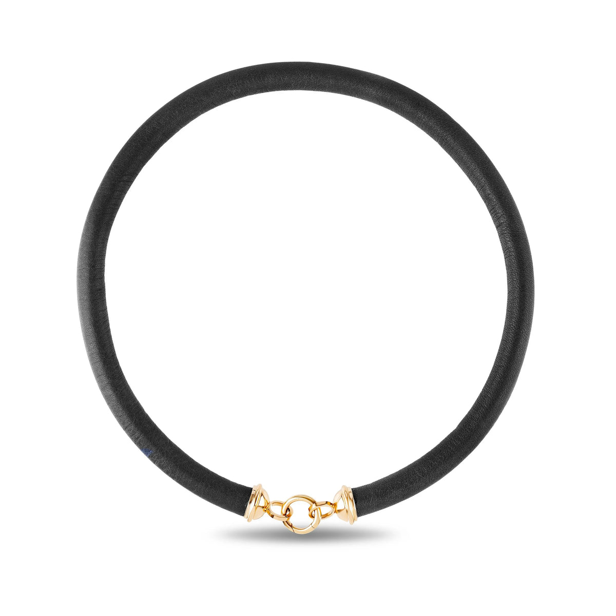 A black leather choker necklace with a gold-tone chain-link style clasp, shown on a plain white background.