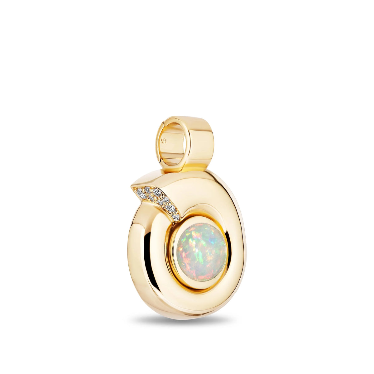 A gold pendant featuring a stylized leaf design with a round iridescent opal center and a small row of clear stones along the upper curve, shown on a plain white background.
