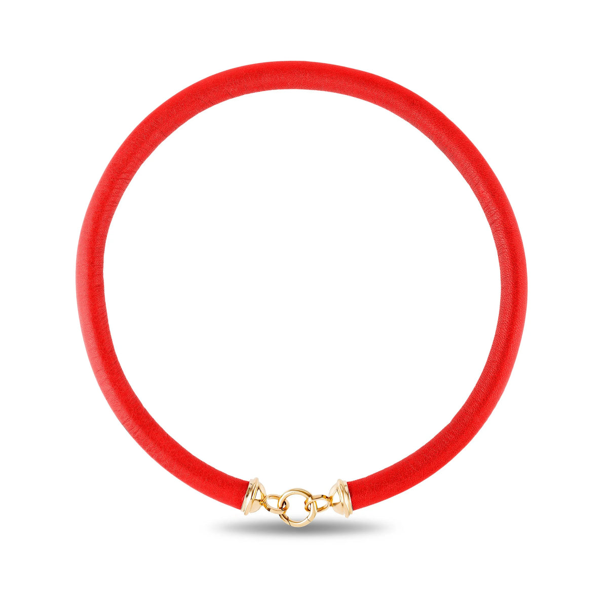 A red leather bracelet with a gold-tone clasp, shown on a plain white background.