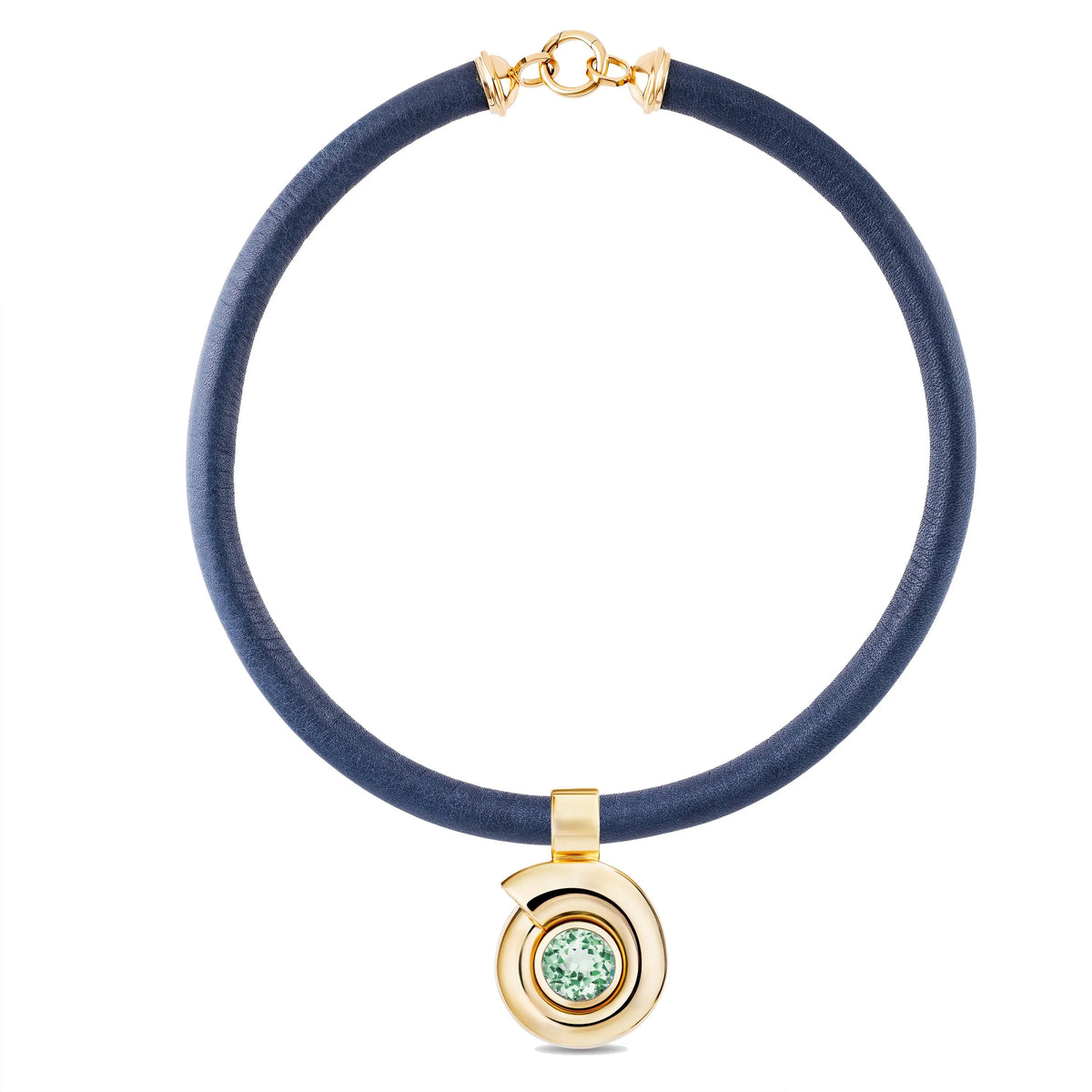 A navy blue leather choker necklace with gold-toned hardware and a circular pendant featuring a green gemstone, shown on a plain white background.