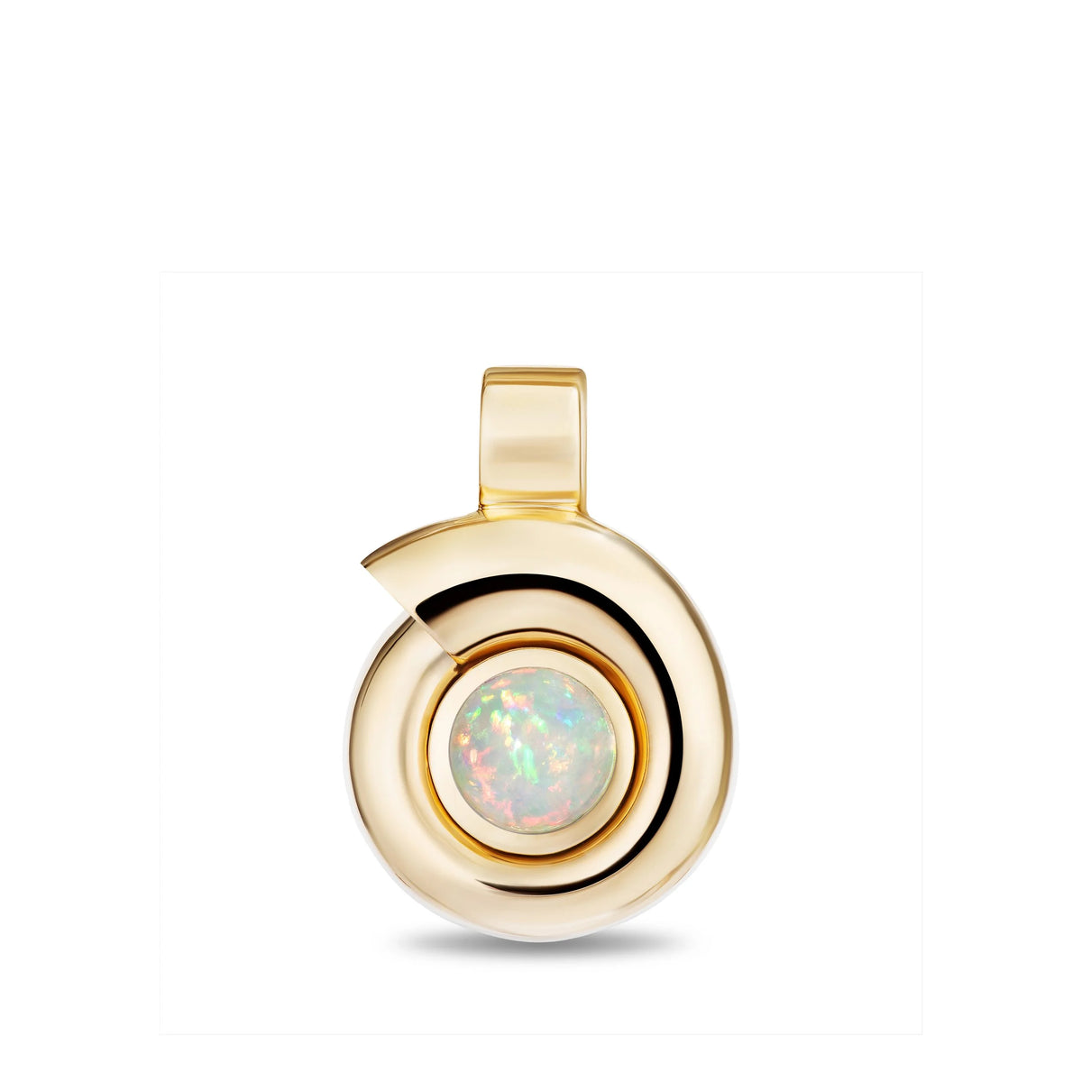 A gold spiral pendant featuring a round iridescent opal center stone, shown on a clean white background.