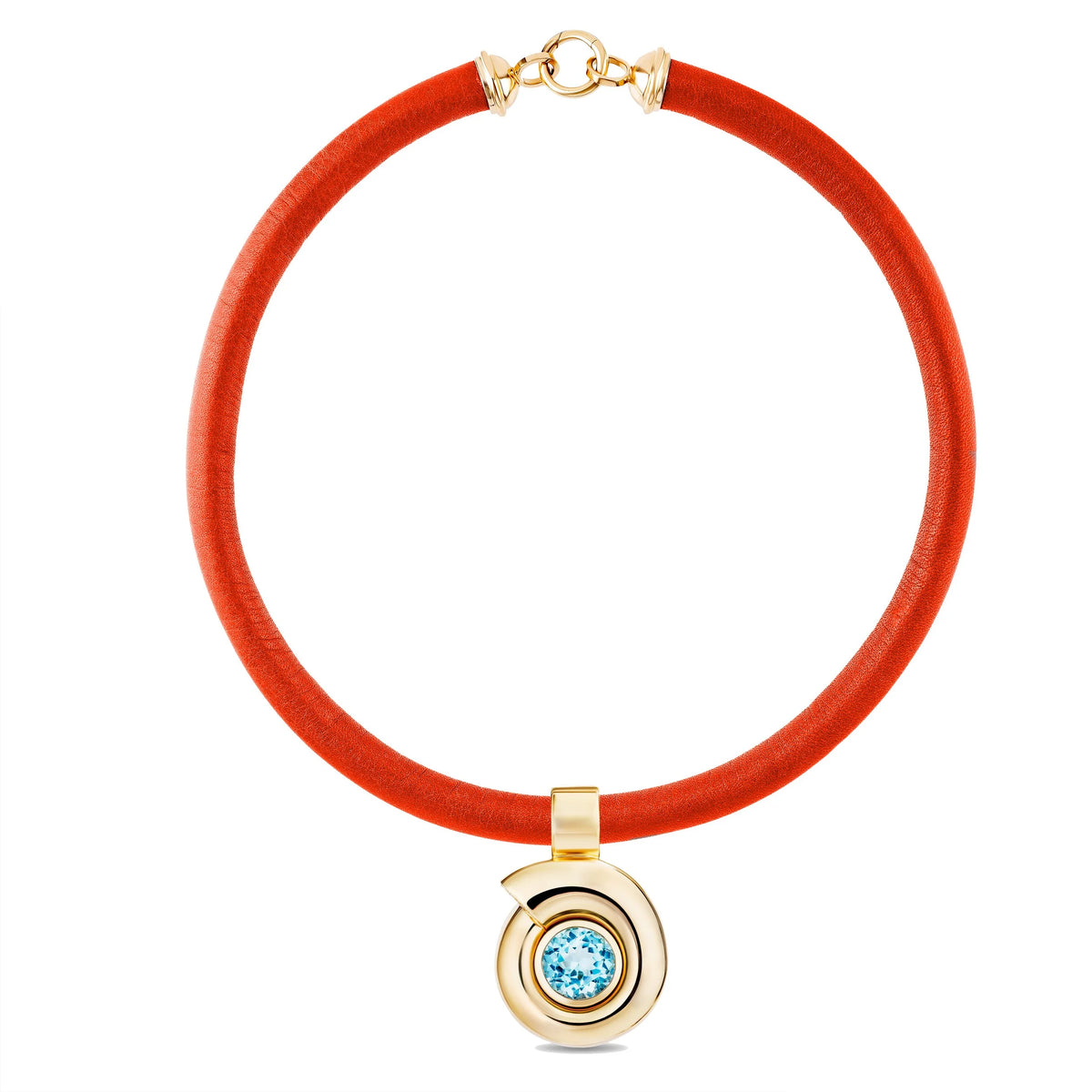 A gold-plated necklace featuring a thick, vibrant red leather cord and a circular pendant with a light blue gemstone, set against a plain white background.
