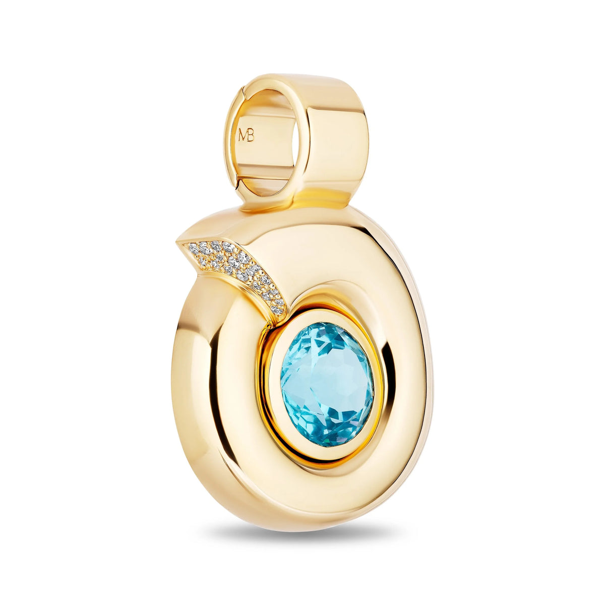 A gold pendant featuring a large oval bezel-set light blue topaz stone, accented by a curved pavé diamond band and a polished gold bail marked 'MB'.