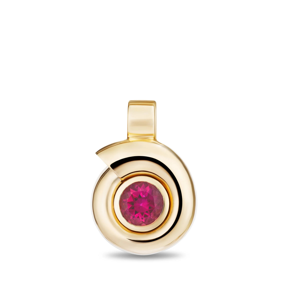 A gold pendant featuring a circular spiral design with a central round pink gemstone, shown on a clean white background.