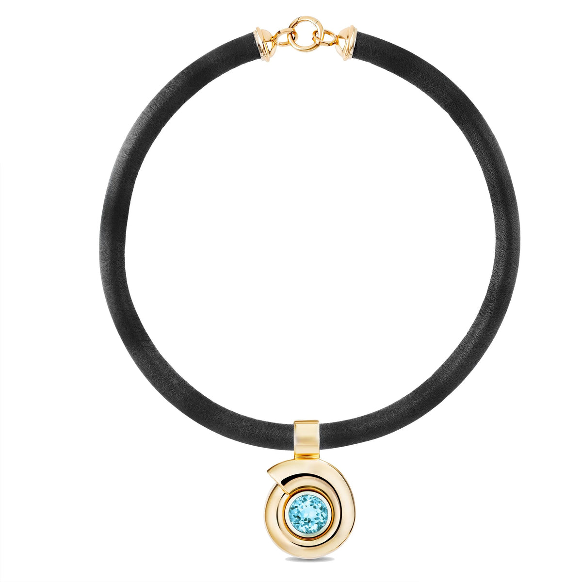 A black leather choker necklace with a gold-toned circular pendant featuring a light blue topaz gemstone, shown on a plain white background.