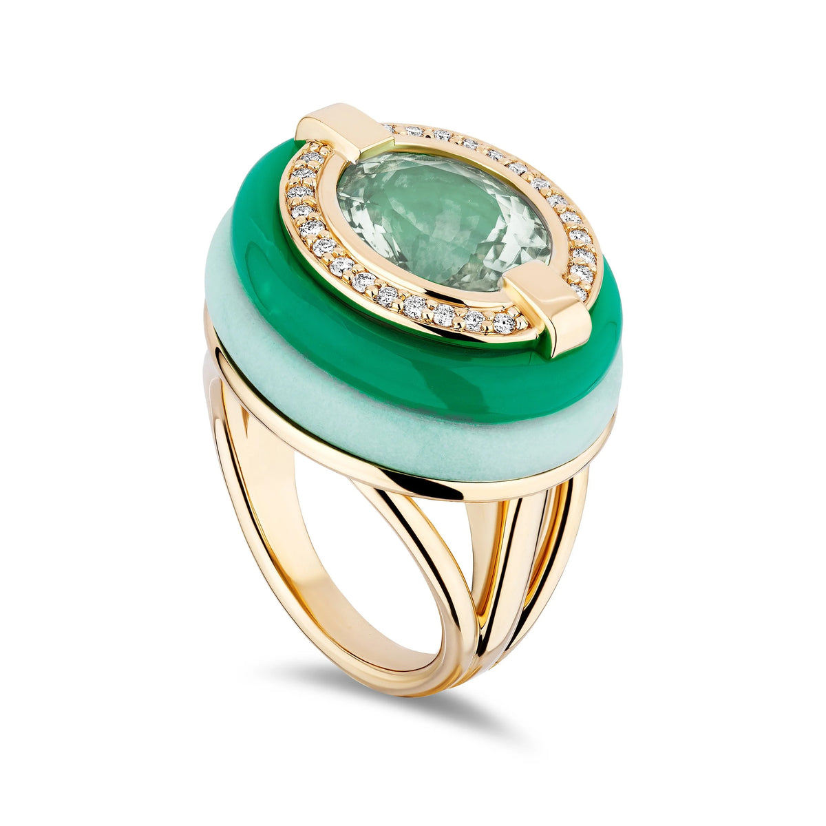 A gold ring featuring a stacked design with a large oval green gemstone, a green inlay, a light aqua inlay, and a halo of small clear stones, shown on a white background.