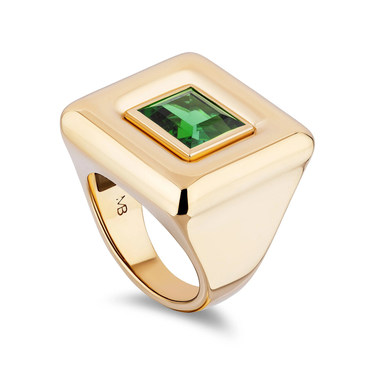 A polished yellow gold signet ring featuring a square bezel-set green emerald-cut gemstone, shown on a clean white background.