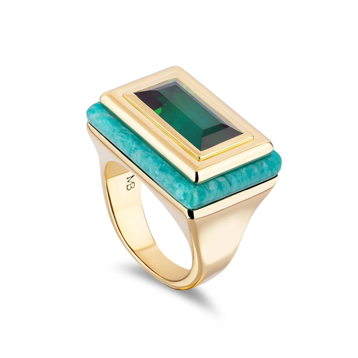 A gold signet ring featuring a rectangular emerald-cut green gemstone and a turquoise inlay on a white background.