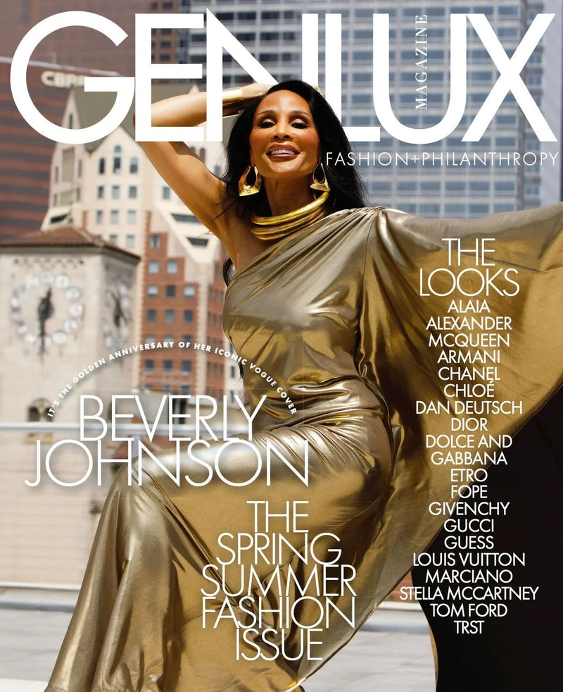 Cover of GELEUX Magazine featuring Beverly Johnson in a gold outfit with city buildings and a clock in the background.