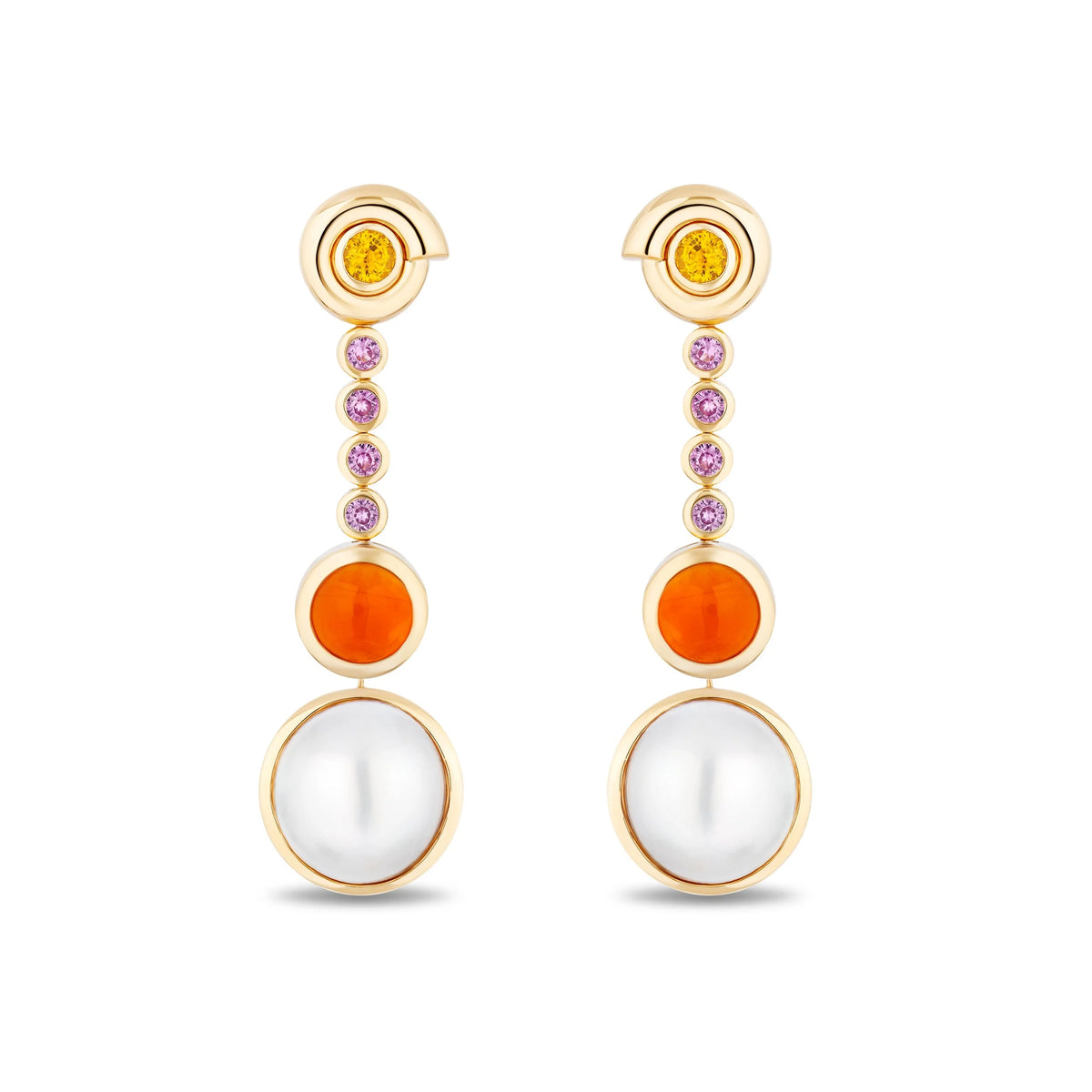 A pair of gold drop earrings featuring a yellow gemstone at the top, small pink stones, an orange round stone, and a large white pearl at the bottom, set against a plain white background.