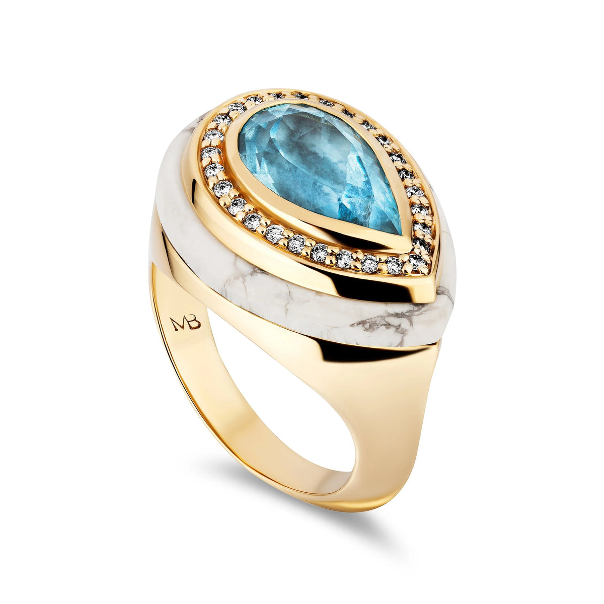 A gold ring with a white marble inlay and a large teardrop-shaped light blue gemstone, accented by small clear diamonds around the top, shown on a white background.