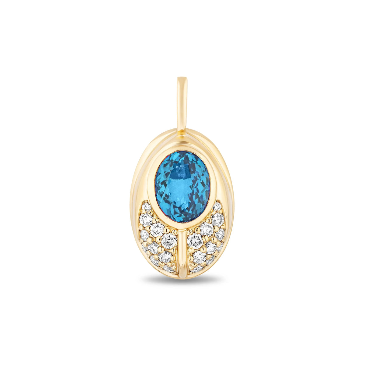 A gold lovebug pendant featuring a central oval-cut blue gemstone surrounded by pavé-set clear diamonds, shown on a clean white background.