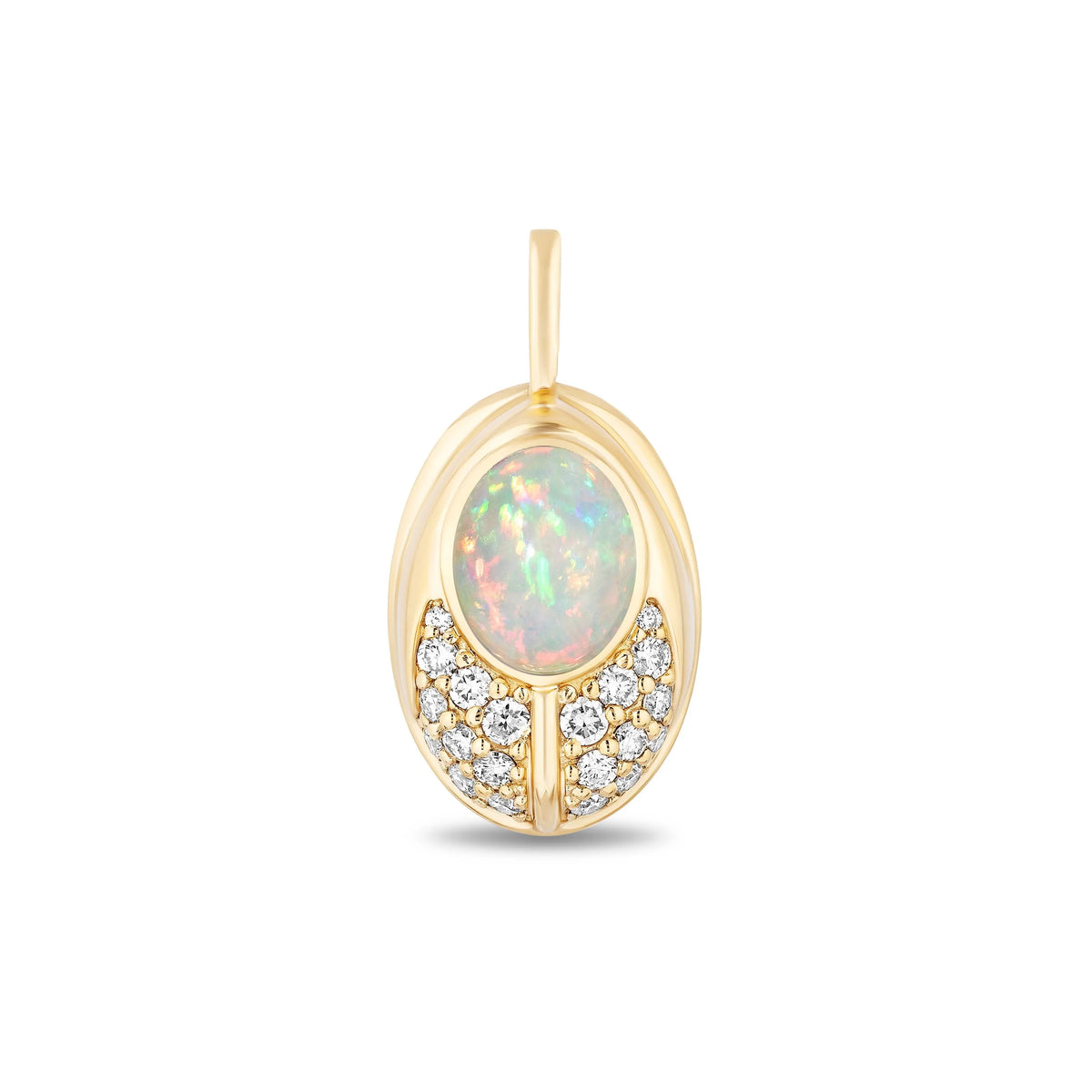 A gold lovebug pendant featuring a round iridescent opal center stone and a lower crescent-shaped border set with small clear diamonds, shown on a plain white background.