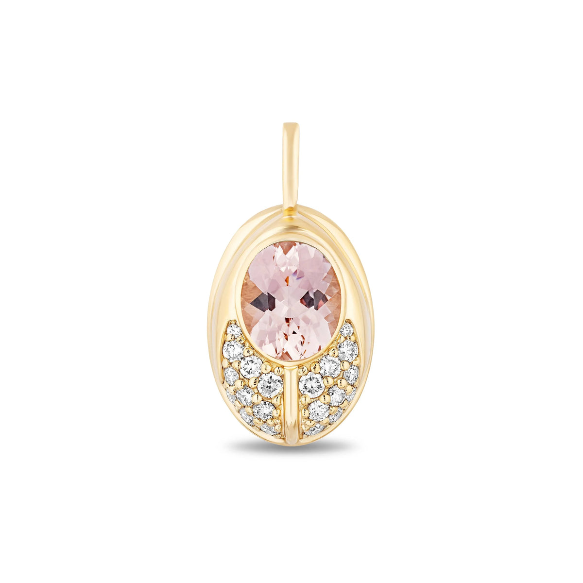 A gold lovebug pendant featuring a central oval-cut light pink gemstone and a curved row of small clear diamonds along the bottom, shown on a plain white background.