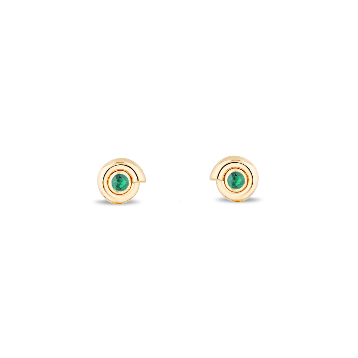 A pair of gold stud earrings with a circular gold setting and a small round green gemstone in the center, shown on a plain white background.