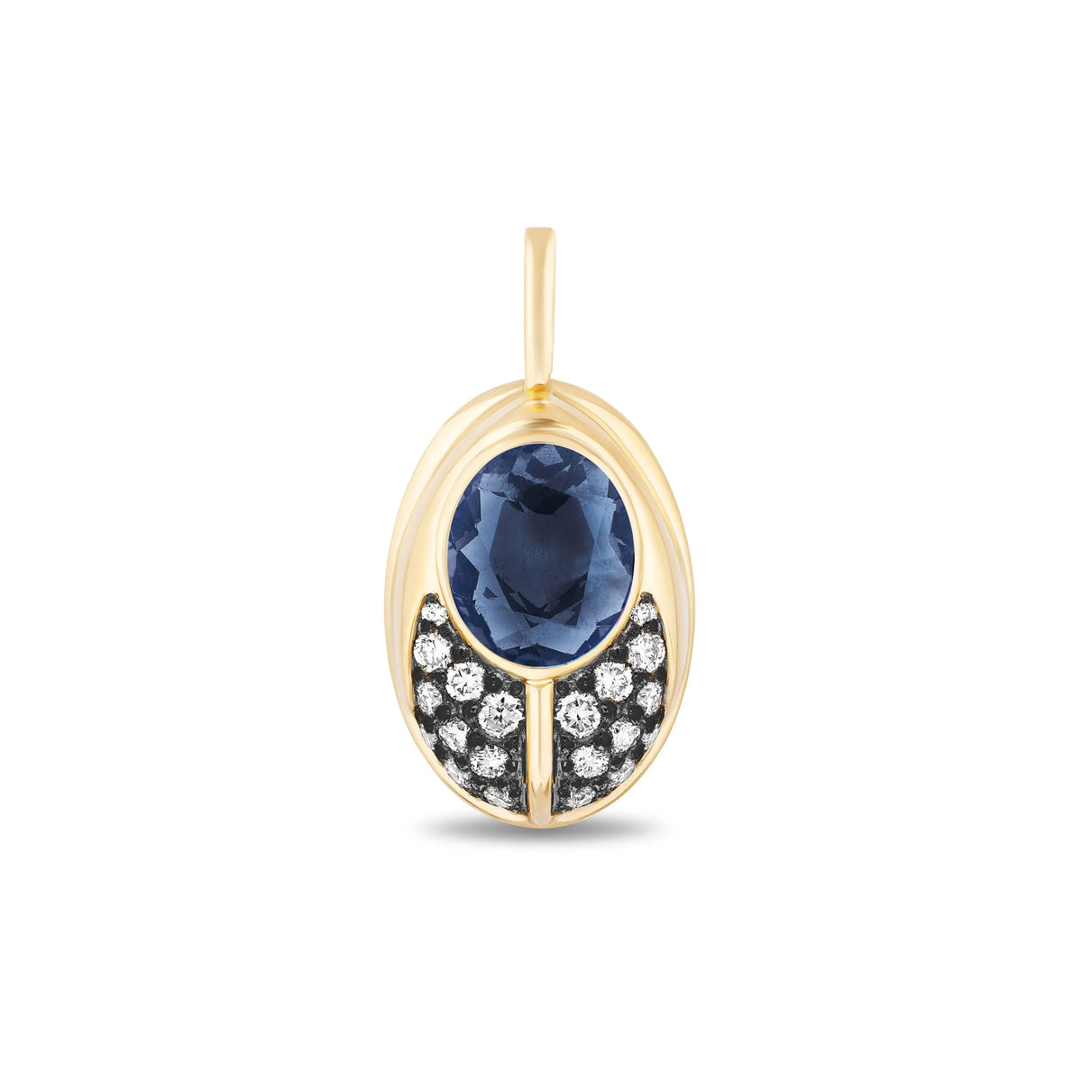 A gold pendant featuring an oval-cut dark blue sapphire center stone, surrounded by pavé-set clear diamonds stones on one side and a polished gold setting on the other, shown against a plain white background.