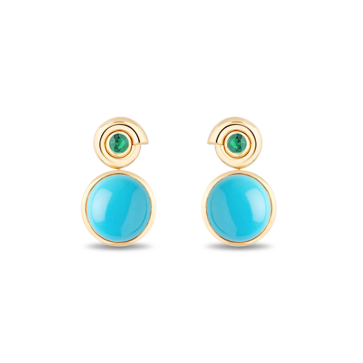 A pair of gold drop earrings featuring a small round green gemstone in a spiral setting above a larger oval turquoise cabochon, shown on a plain white background.