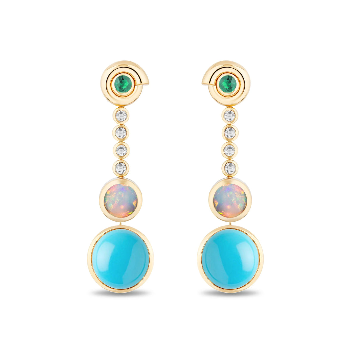 A pair of gold dangle earrings featuring a green emerald, clear accent stones, a round iridescent opal, and a large round turquoise blue cabochon, shown on a plain white background.