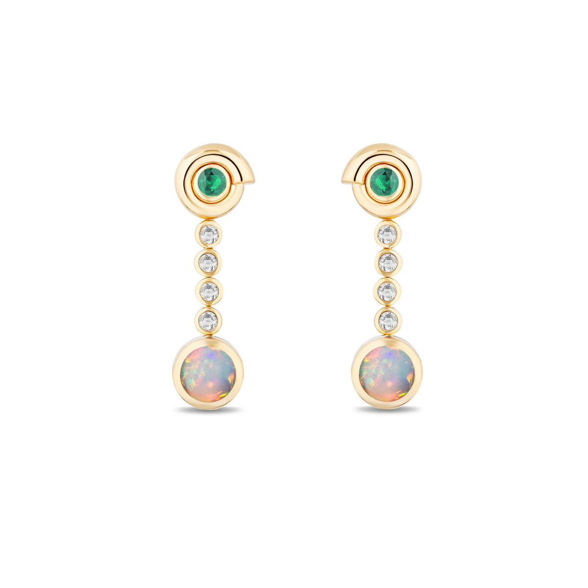 A pair of gold dangle earrings featuring a round green opal at the top, three small clear stones in the middle, and a larger round iridescent opal at the bottom, set against a plain white background.