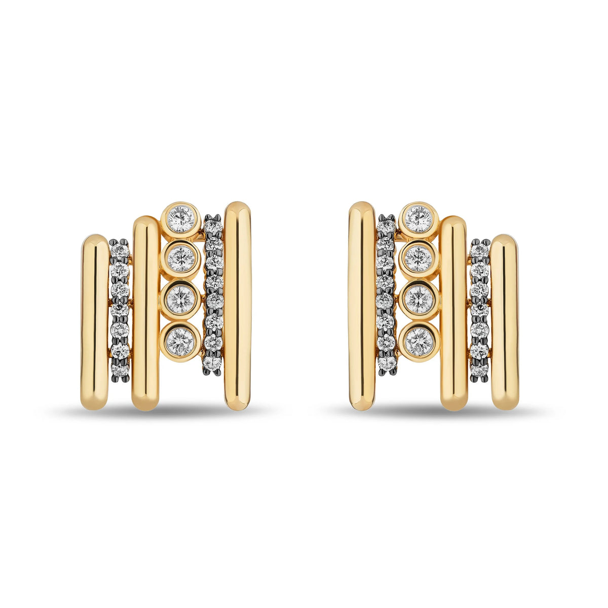 A pair of gold hoop earrings with multiple vertical bars, including some set with small clear round and oval gemstones, shown on a plain white background.