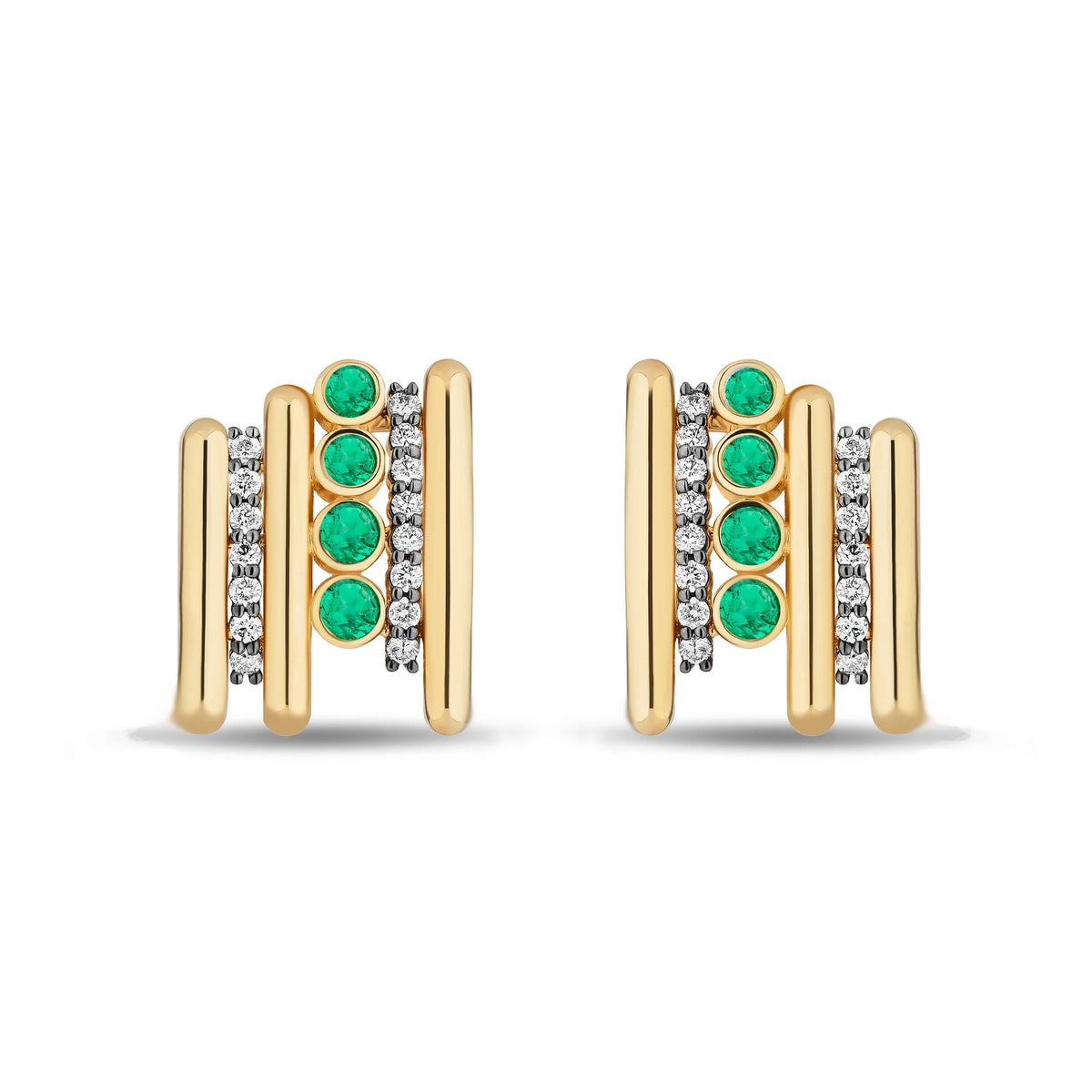 A pair of gold huggie hoop earrings featuring vertical bar details, with columns of round-cut green emeralds and diamond pavé, shown on a clean white background.