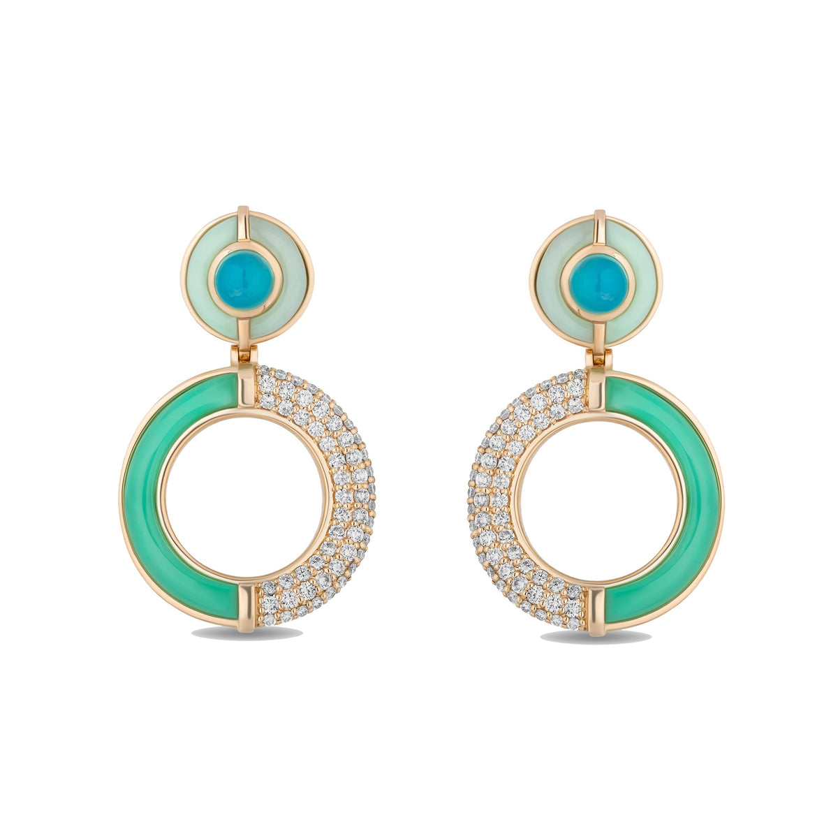 A pair of gold geometric drop earrings featuring a large open circle with a green enamel inlay and a border of pavé-set clear stones, topped with a smaller circular gold and mint-green setting holding a turquoise-blue cabochon stone.