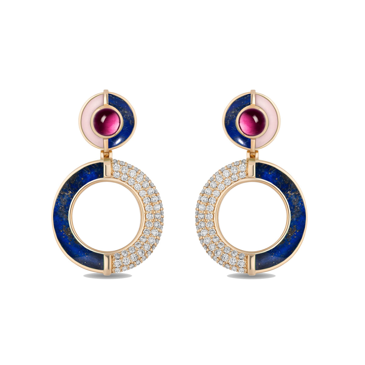 A pair of gold drop earrings featuring a circular design with a deep blue lapis lazuli section, a pavé-set diamond section, a light pink section, and a central round magenta gemstone.
