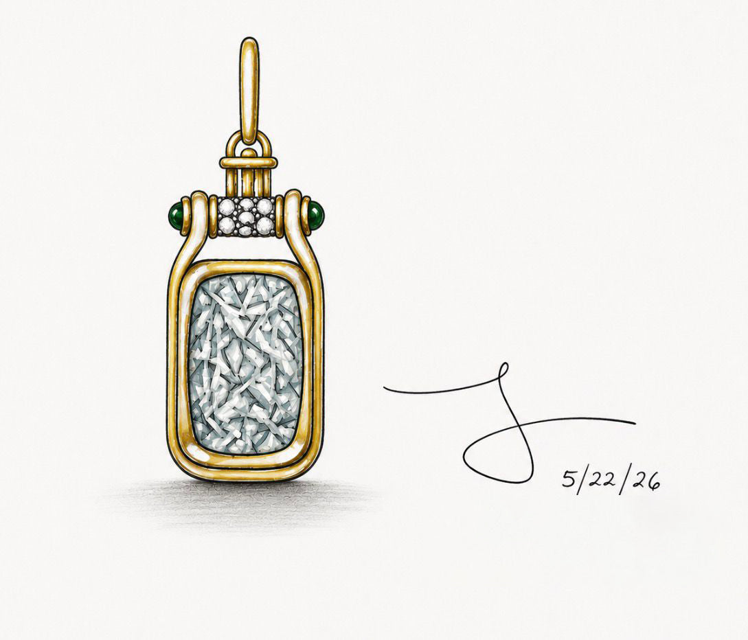 A hand-drawn illustration of a gold pendant with a textured gray inlay, small green gemstones, and a large aqua marine center stone, shown on a white background with a signature and date.