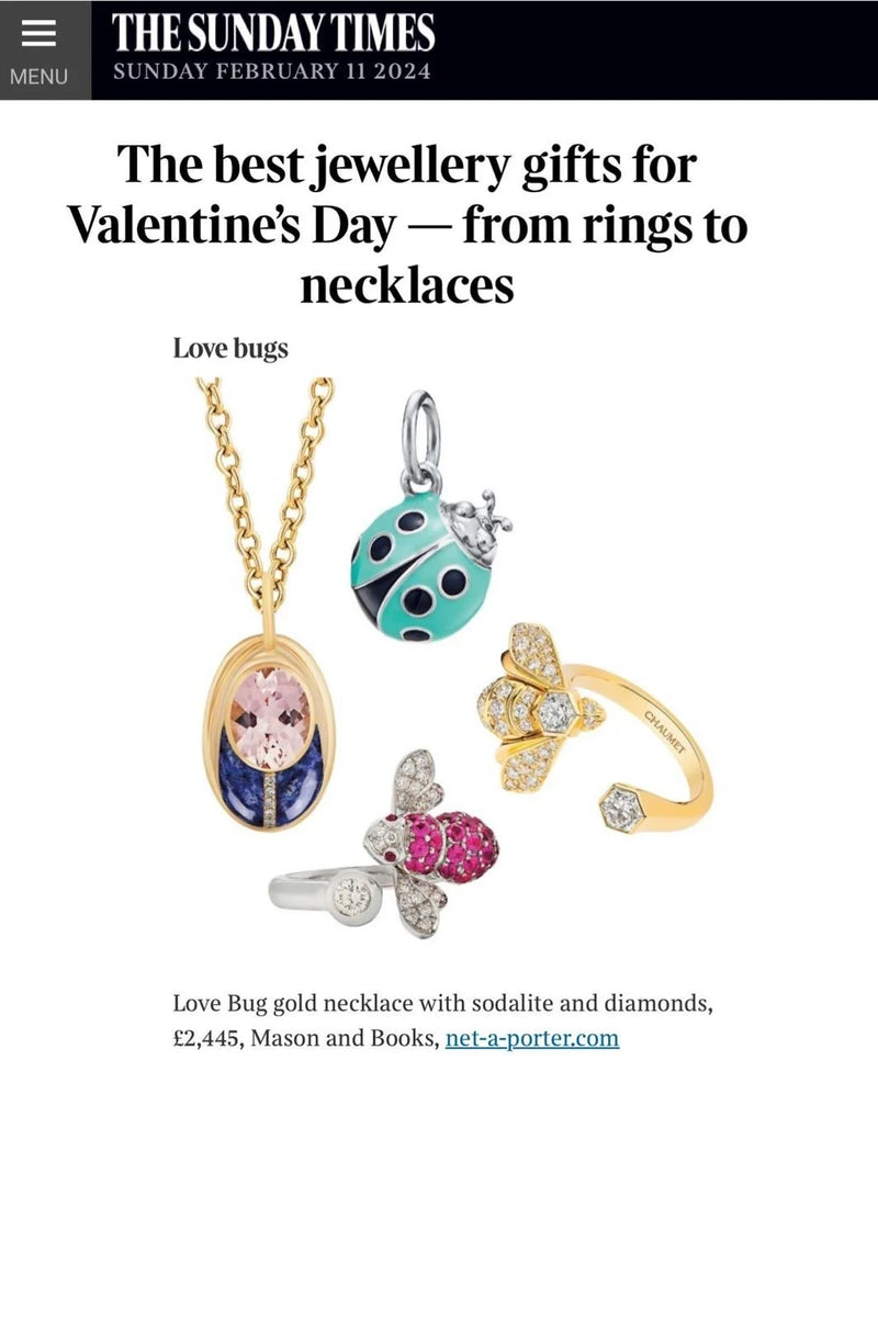 A digital page from The Sunday Times featuring a collection of jewelry gifts for Valentine's Day.