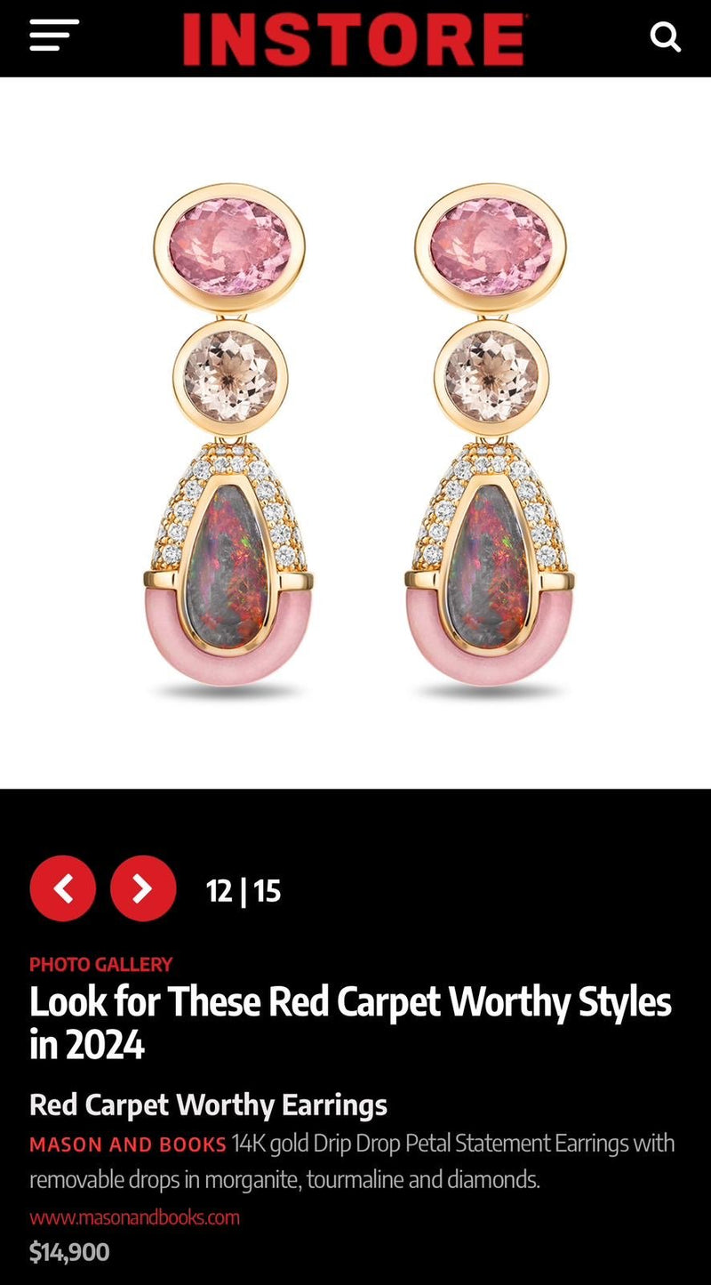 Pair of pink, gold, and diamond drop earrings featuring opal, tourmaline, and diamond accents.