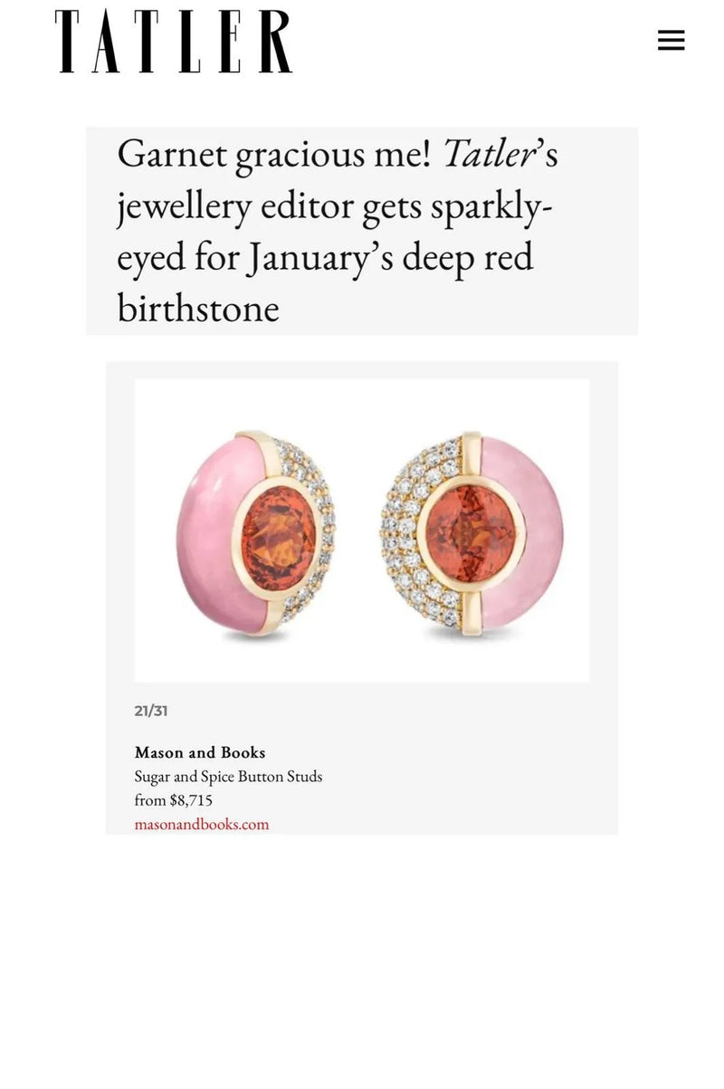 A webpage featuring a pair of pink and gold gemstone earrings with sparkling accents, from Mason and Books jewelry collection.