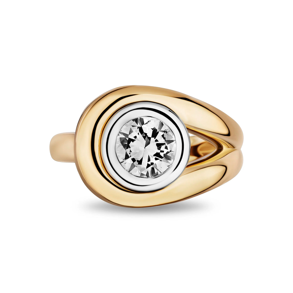 A two-tone yellow gold and silver ring featuring a round-cut clear diamond in a bezel setting, shown on a clean white background.