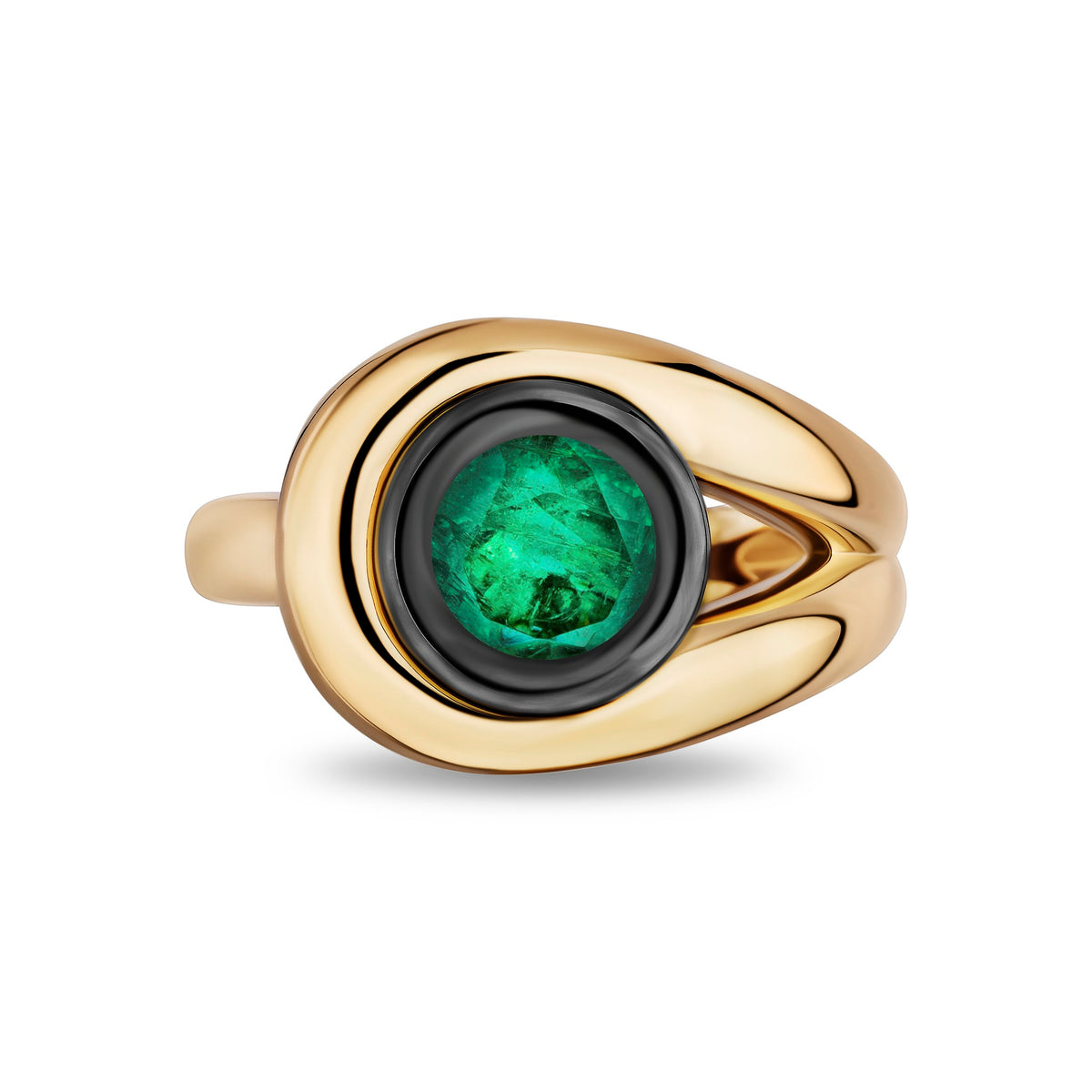 A gold ring featuring a large oval bezel-set green emerald gemstone, surrounded by a polished black bezel and a smooth gold band, shown on a white background.