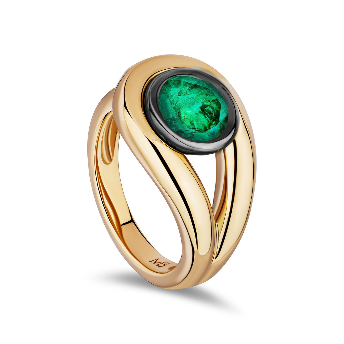 A gold ring with a twisted band and a round green emerald-cut gemstone bezel-set in a black bezel, shown on a white background.