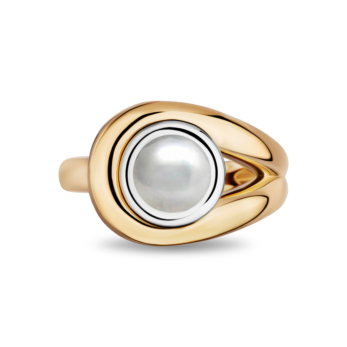 A two-tone gold ring featuring a central white pearl surrounded by a silver bezel, set within a polished gold oval bezel and split-band design, on a white background.