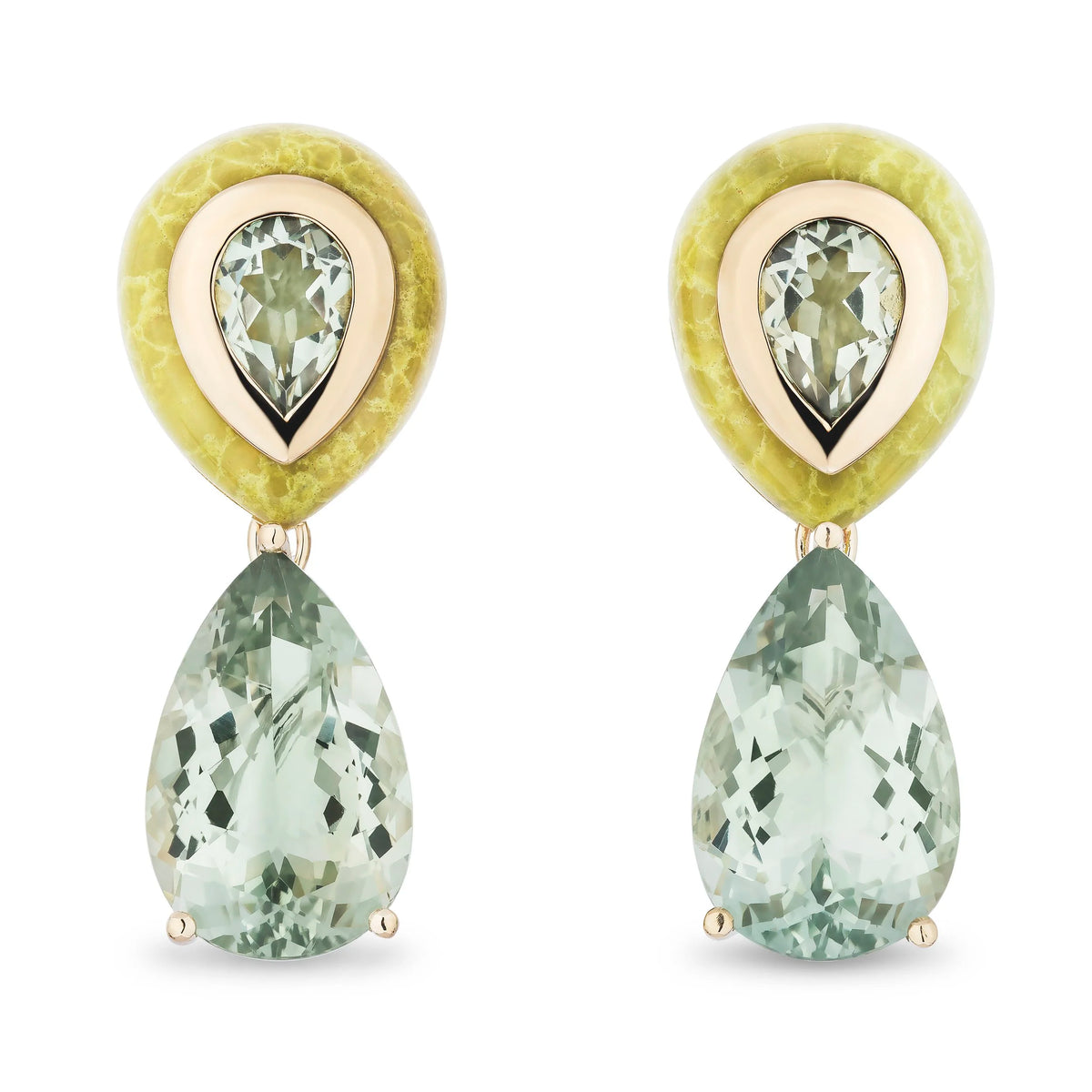 A pair of gold drop earrings featuring pear-cut light prasiolite and round textured pale yellow-green bezel-set stones, shown on a plain white background.