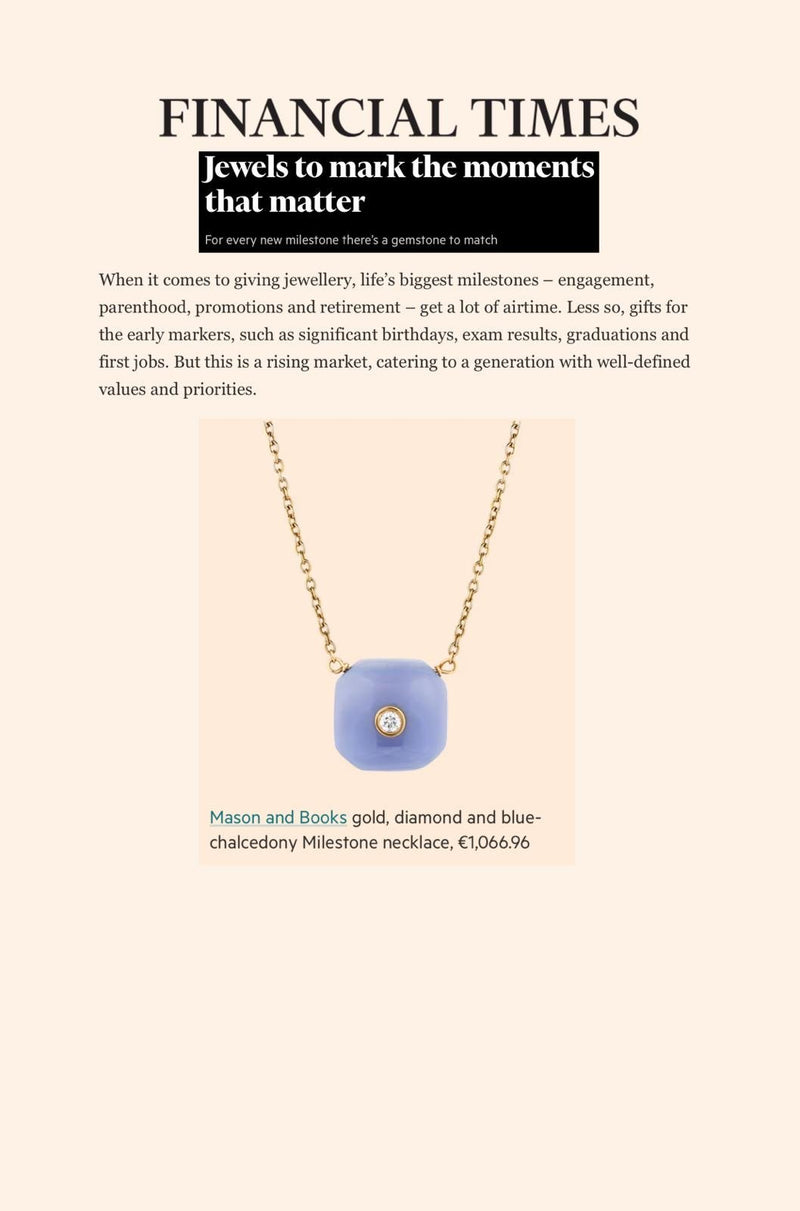 A necklace with a blue chalcedony pendant containing a diamond, priced at €1,066.96, Financial Times.