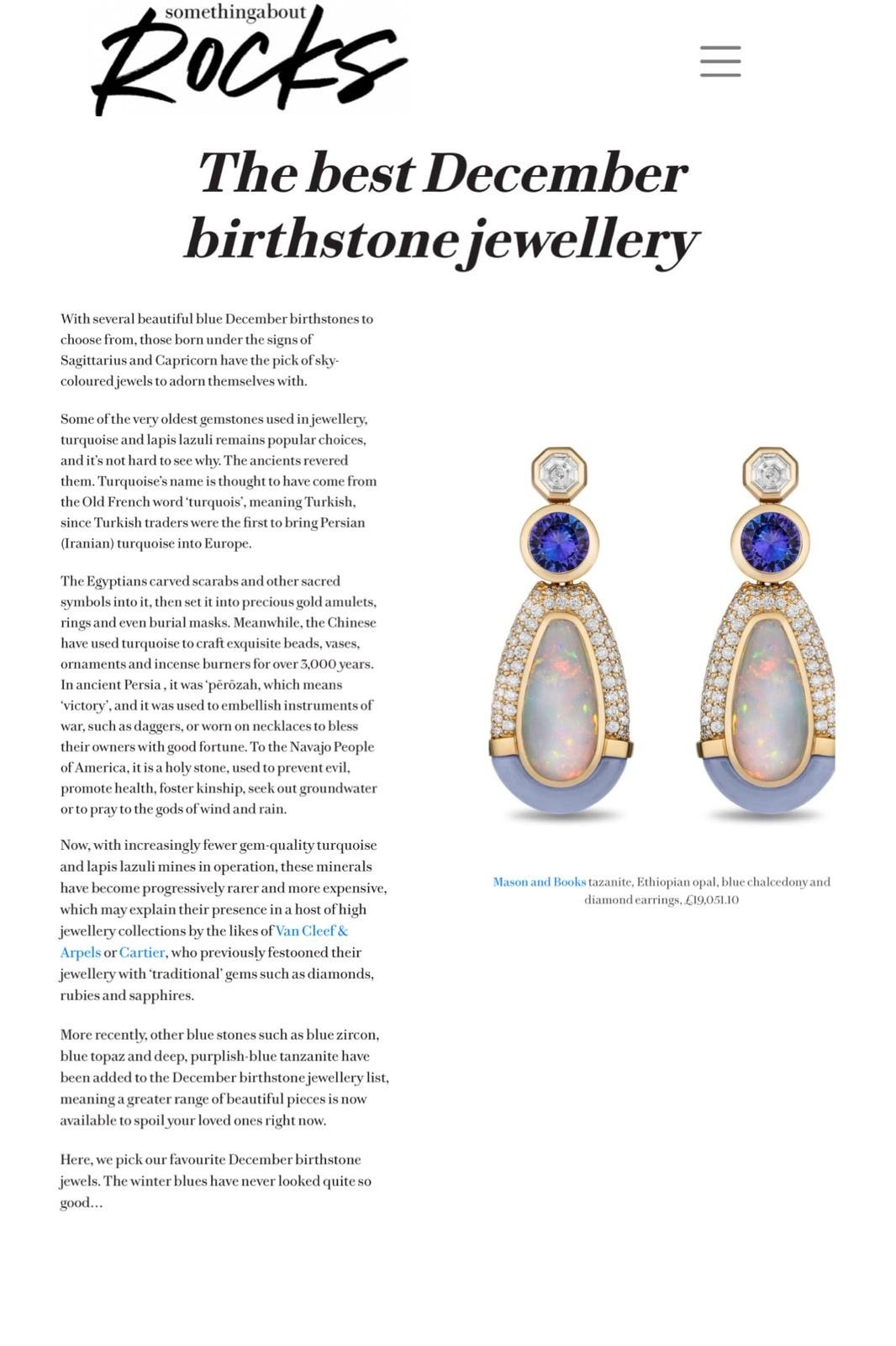 An article about December birthstone jewelry with a picture of drop earrings featuring opal, blue chalcedony, and diamonds.