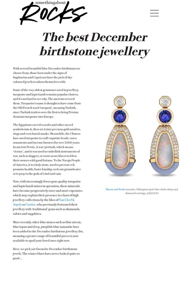 An article about December birthstone jewelry with a picture of drop earrings featuring opal, blue chalcedony, and diamonds.