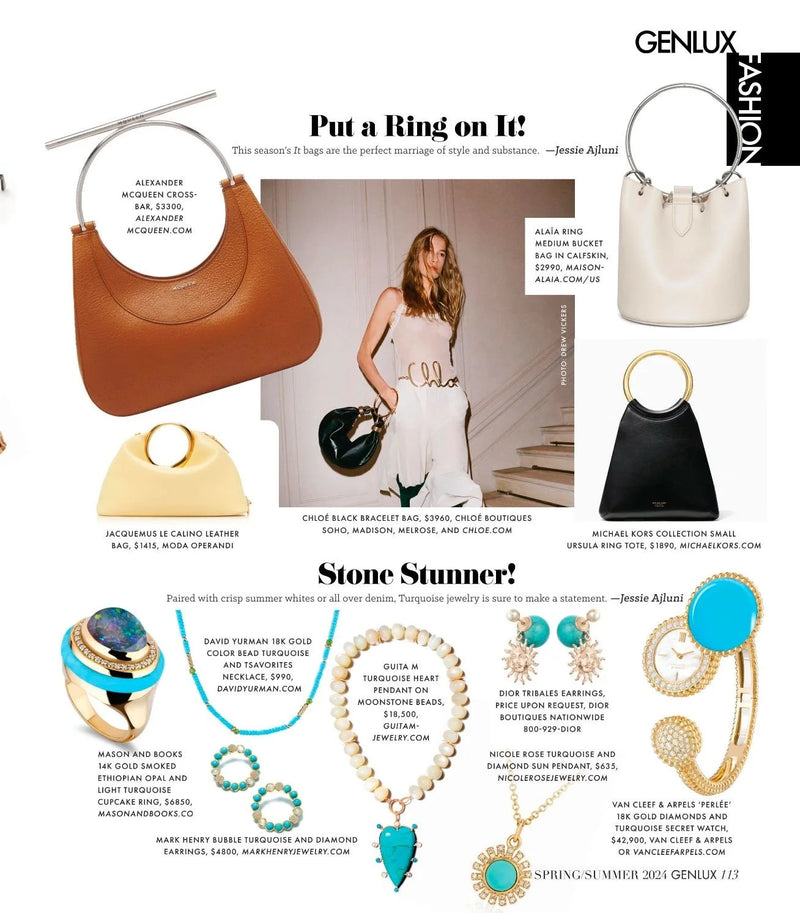 Fashion magazine page featuring handbags, jewelry, and accessories with descriptions and prices.