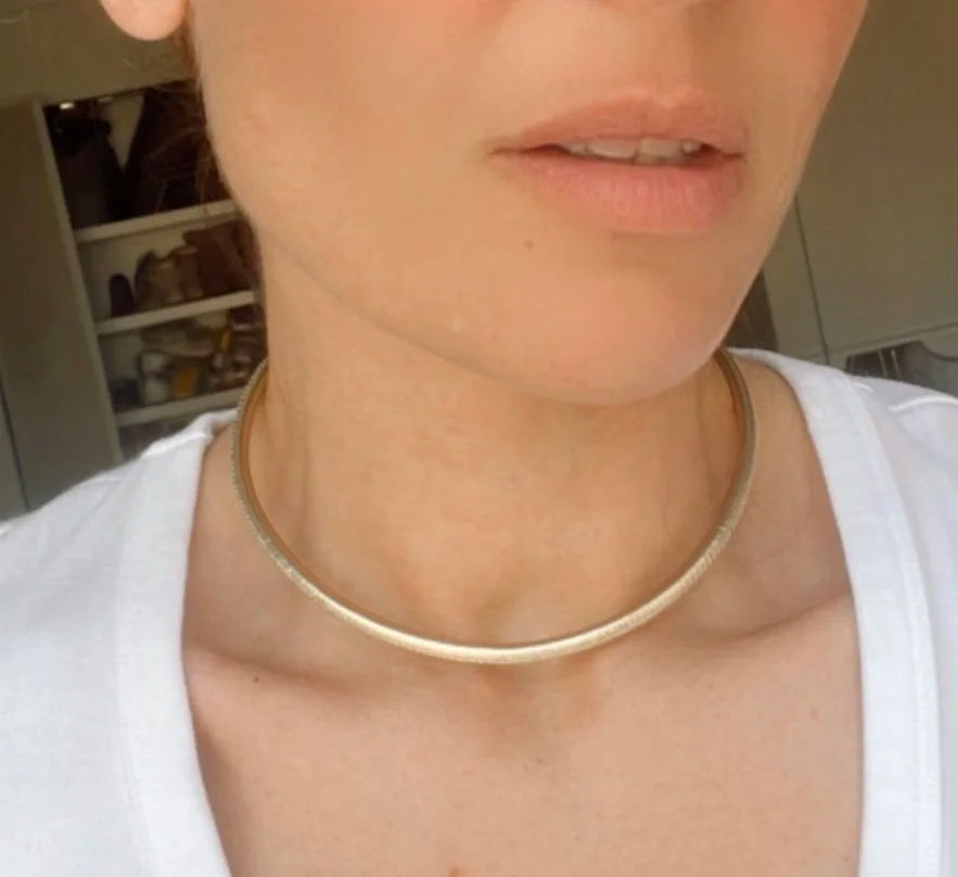 A close-up of a person wearing a thin, polished gold-tone choker necklace, paired with a white top. The background shows a softly blurred indoor room with shelves.