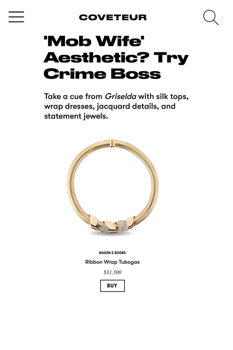 Online jewelry product page displaying a gold ribbon wrap bracelet with diamond accents, priced at $31,500.