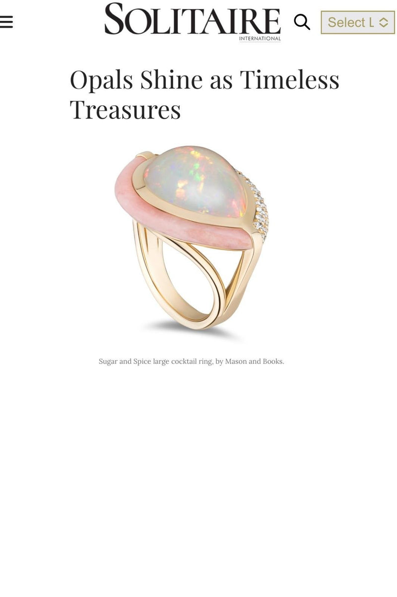 A gold cocktail ring with a large opal gemstone, pink accents, and small diamonds on the band.