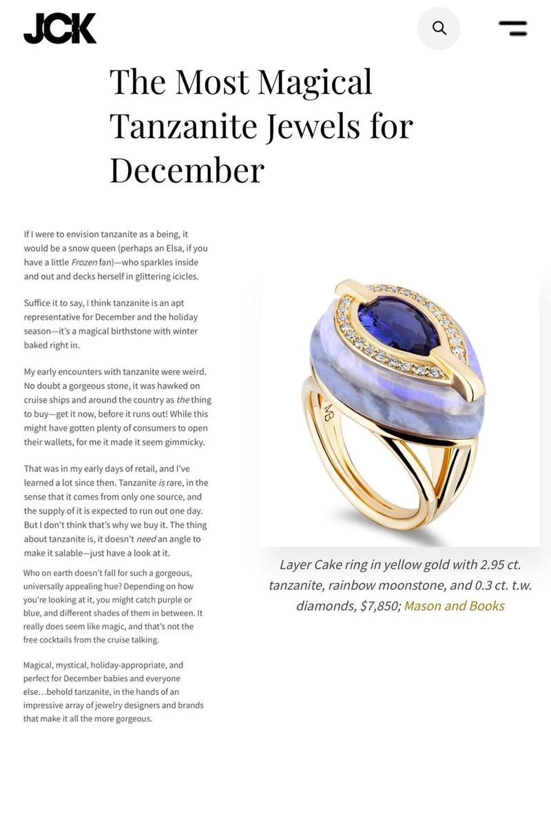 Article webpage about tanzanite jewelry featuring a close-up image of a yellow gold ring with a large oval tanzanite gemstone.