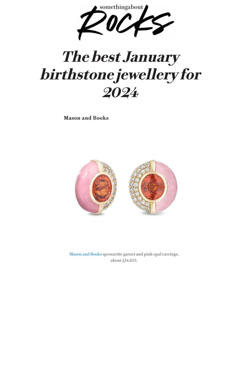 Cover page of a jewelry guide featuring pink opal and garnet earrings with diamonds, titled Something about Rocks.