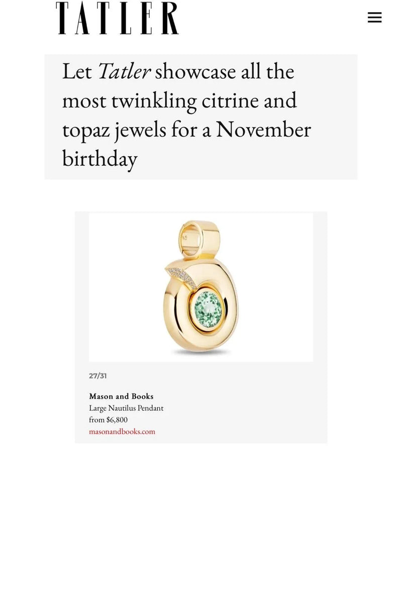 A webpage from Tatler featuring a jewelry product with a Nautilus pendant with a green gemstone, priced from $6,800.