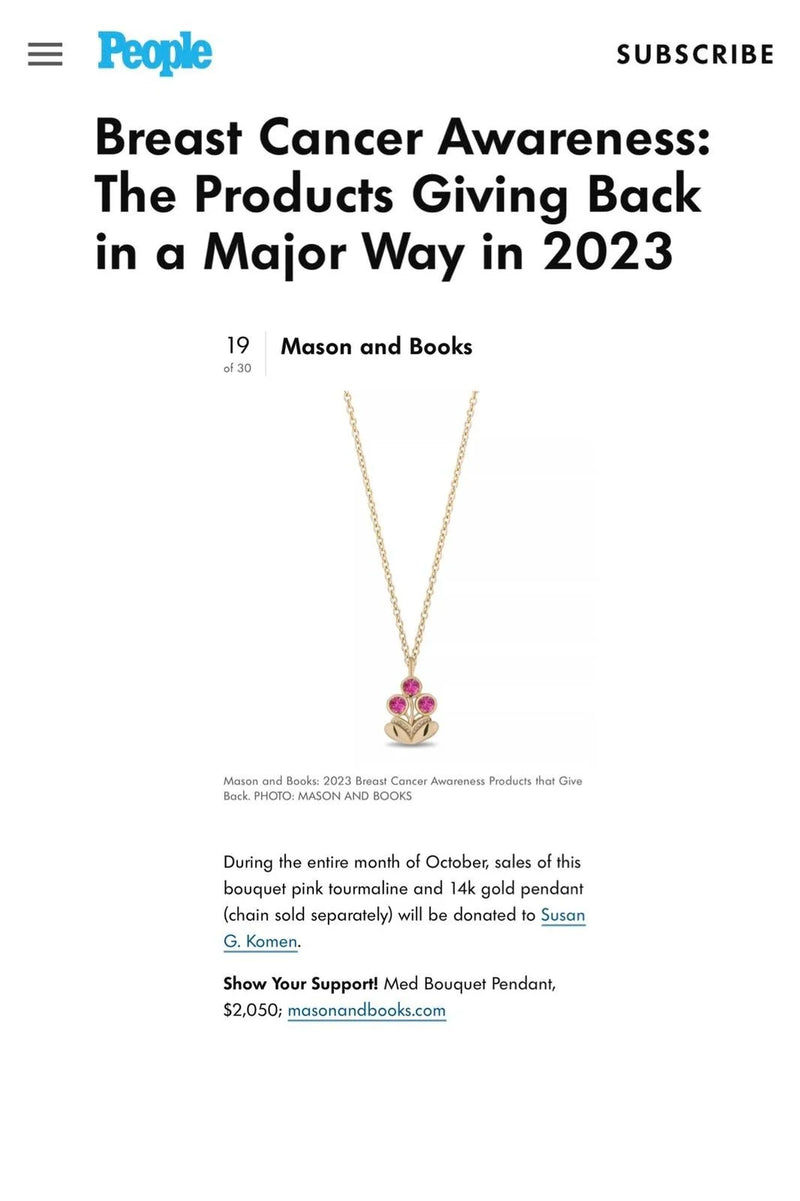 A webpage from People magazine highlighting a breast cancer awareness campaign with a gold chain necklace topped with a flower-shaped pendant.